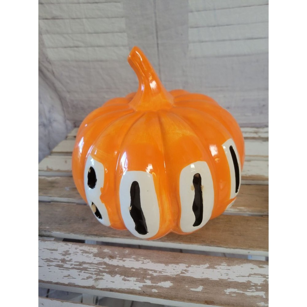 Ceramic pumpkin Boo! candle light up Halloween prop centerpiece home decor